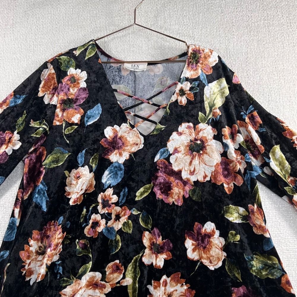 Plus Size Black‎ Floral Velvet Dress A-Line Lace Up Front 3/4 Sleeve 2X